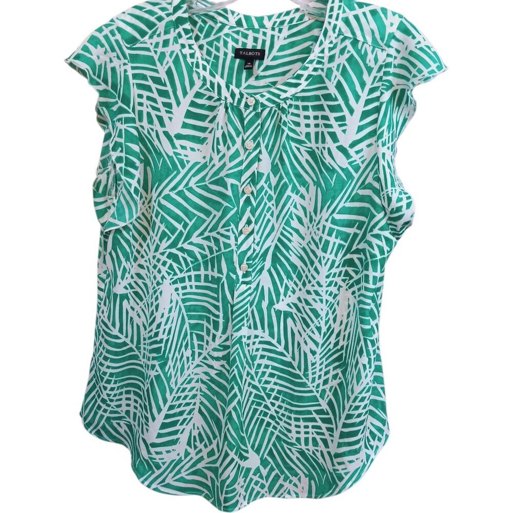 TALBOTS Blouse Top Size 14‎ Green White Career Office Travel Light Classic Chic
